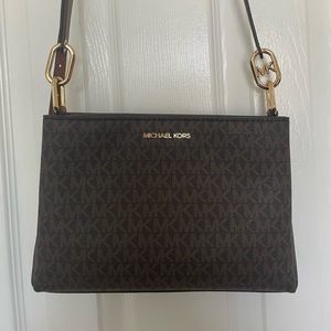 Michael Kors triple compartment crossbody sling brown bag